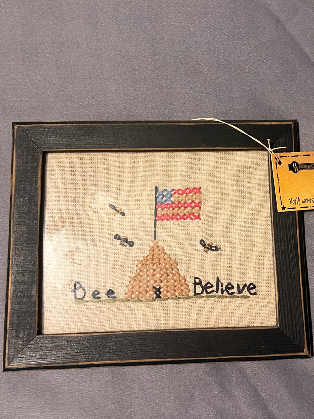 Framed Cross Stitch 'Bee Believe' with American Flag Accent - Black Wood Frame
